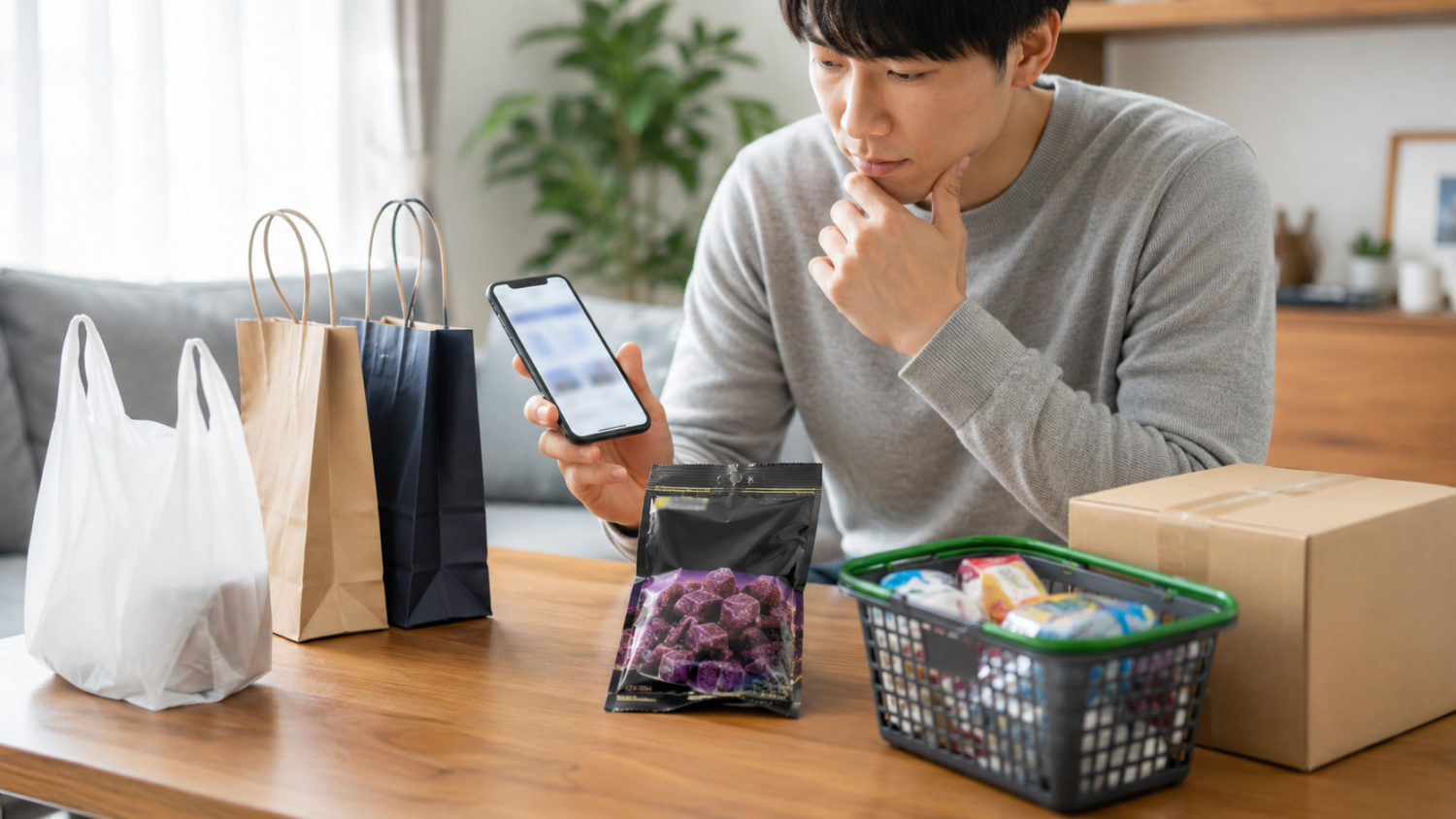 ハードグミを前にスマートフォンで販売中の店舗や通販を確認する人物
