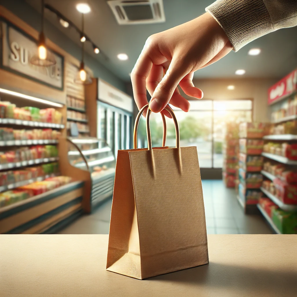 コンビニで販売される小さいサイズの紙袋を便利に活用する場面のイメージ画像