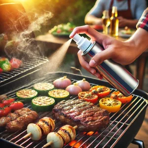 バーベキューの肉野菜にオイルをスプレーしているイメージ画像