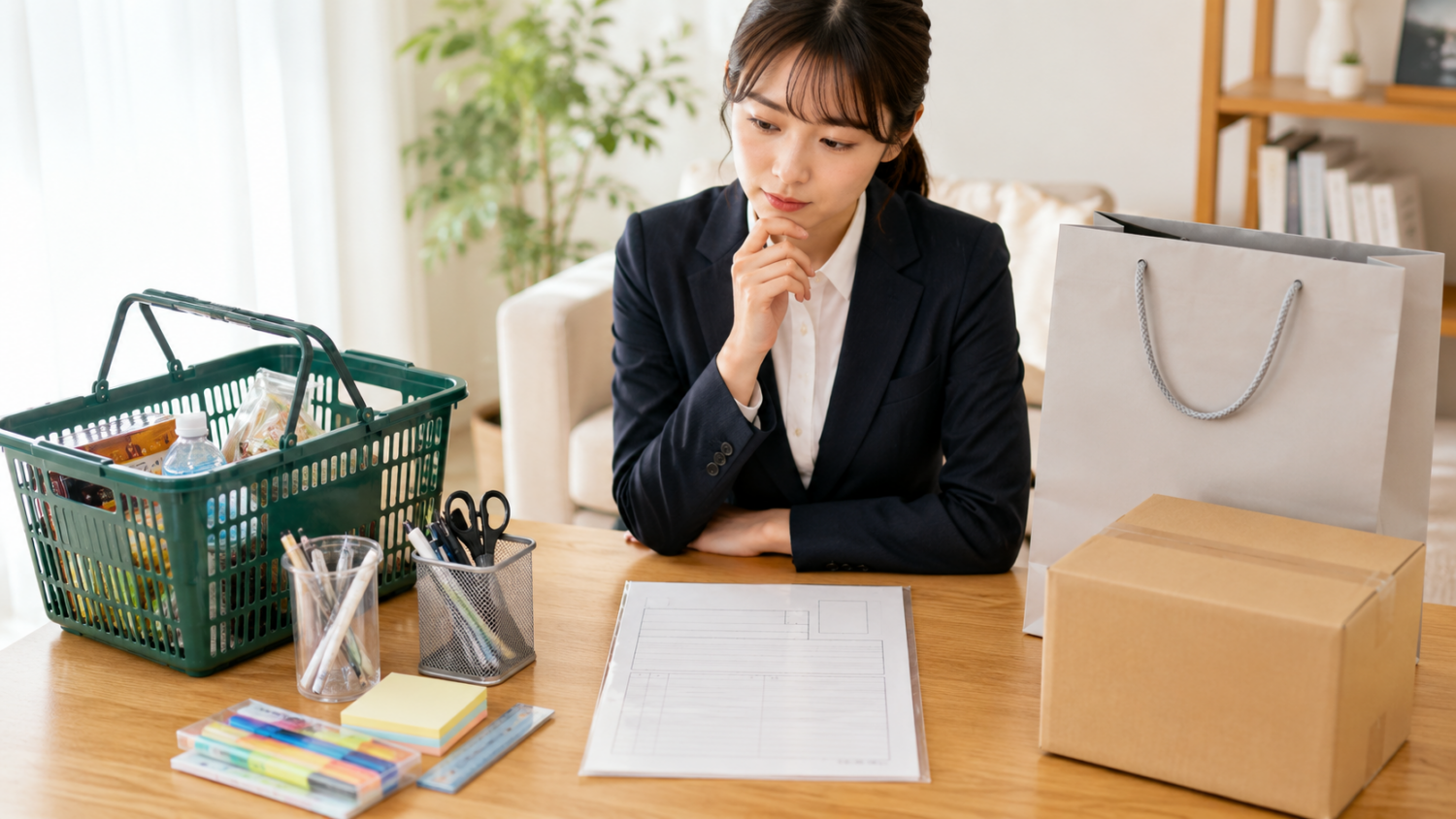 履歴書を中心にコンビニや文具店や通販を示す買い物用品を並べて購入先を比較する場面