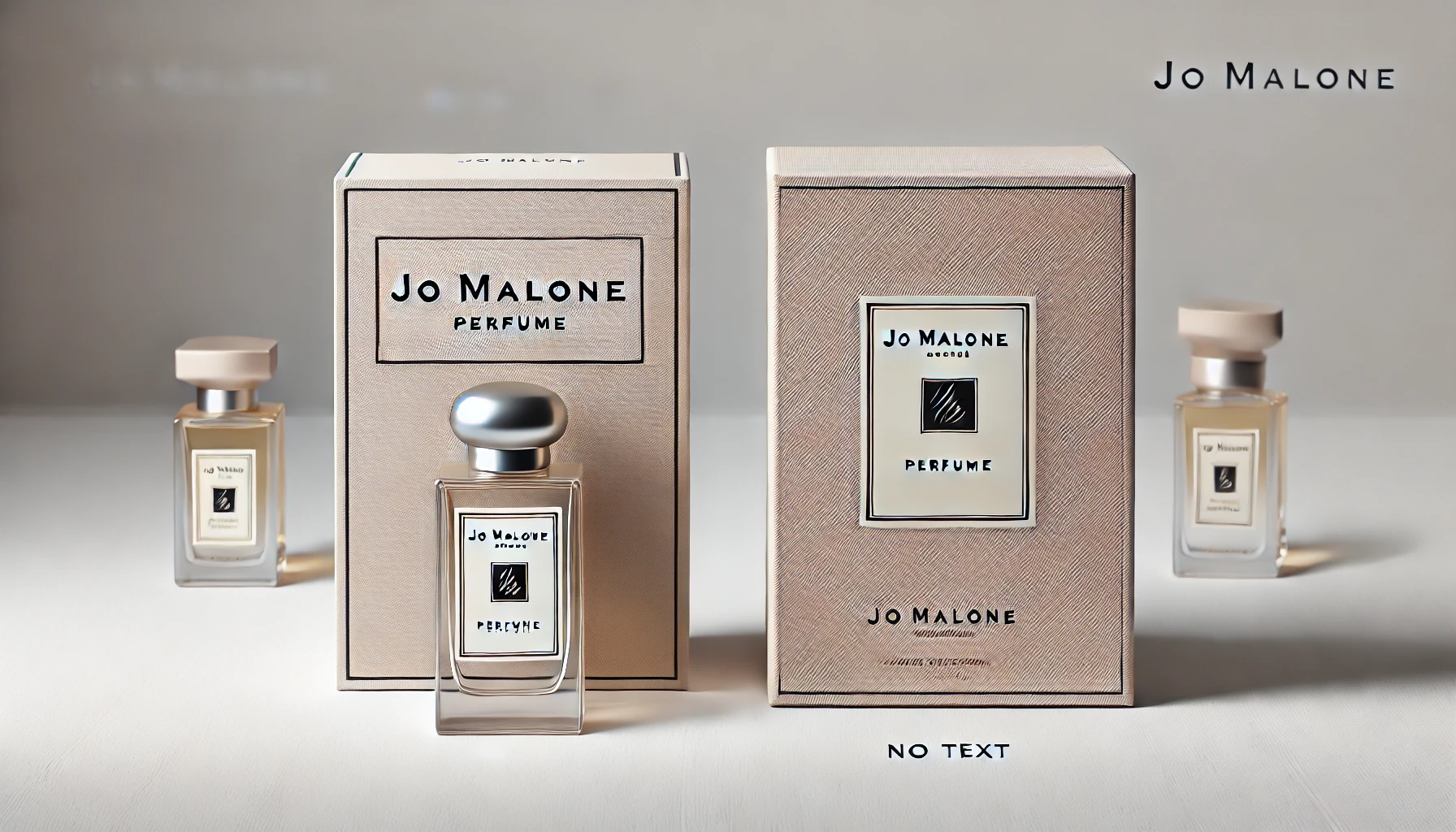  高品質なJo Malone香水の箱と、粗悪な偽物の箱が並べられ、質感や印刷の違いが目立つ。