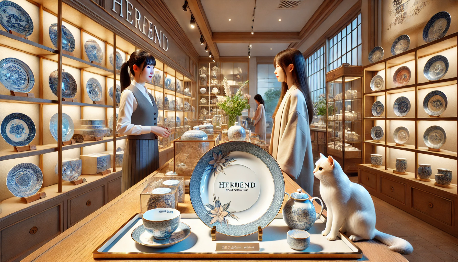 信頼できるブランド食器の購入先 → 正規店カウンターでスタッフと話す女性、床には長毛猫が静かに佇む