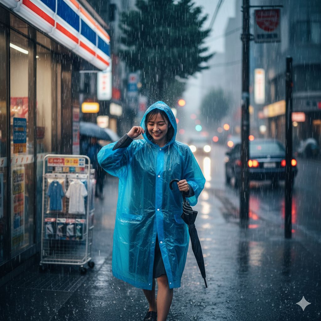 急な雨にはコンビニカッパがとても便利