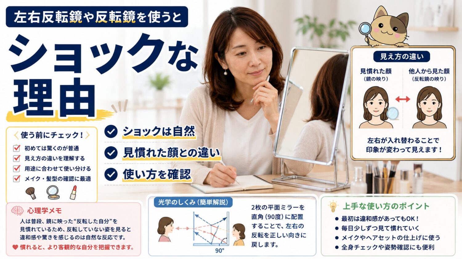 反転鏡を使って見慣れた顔との違いに気づき、落ち着いて確認する画像
