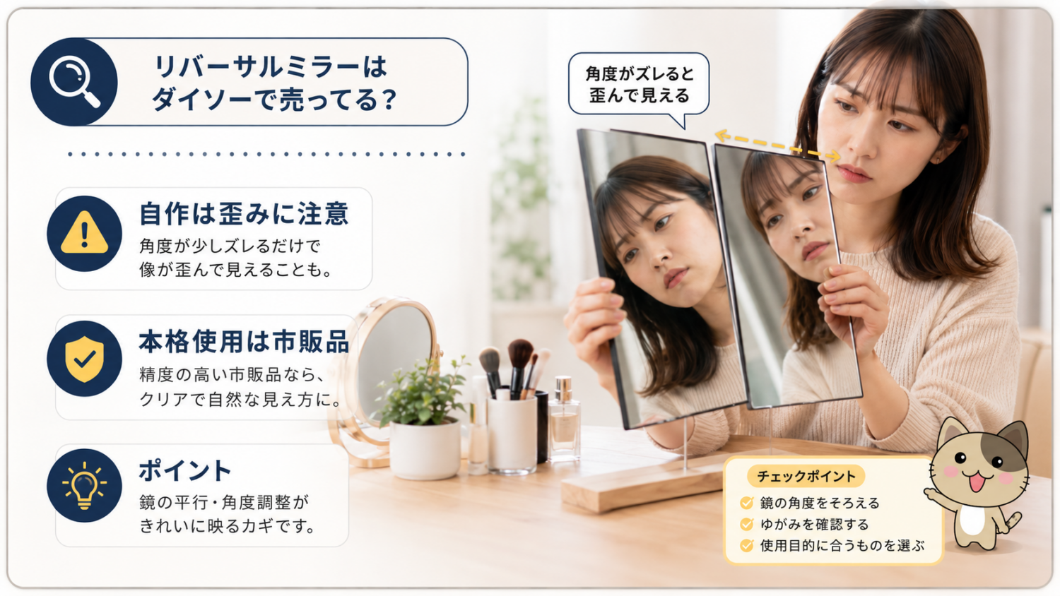 ダイソーの鏡でリバーサルミラーを自作する際の歪みや角度ズレへの注意点を示す画像