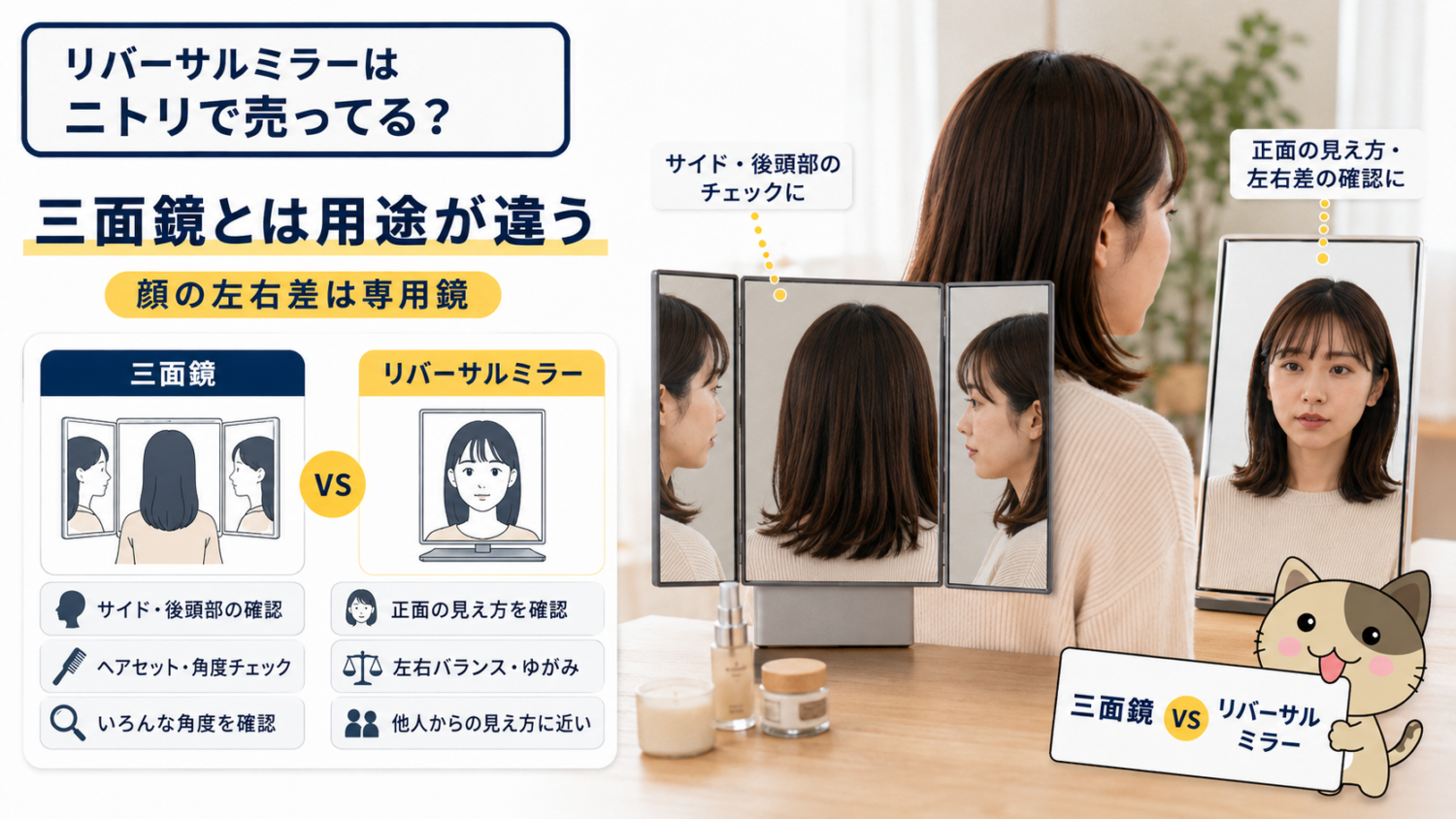 ニトリで探せる三面鏡とリバーサルミラーの用途の違いを分かりやすく比較する画像