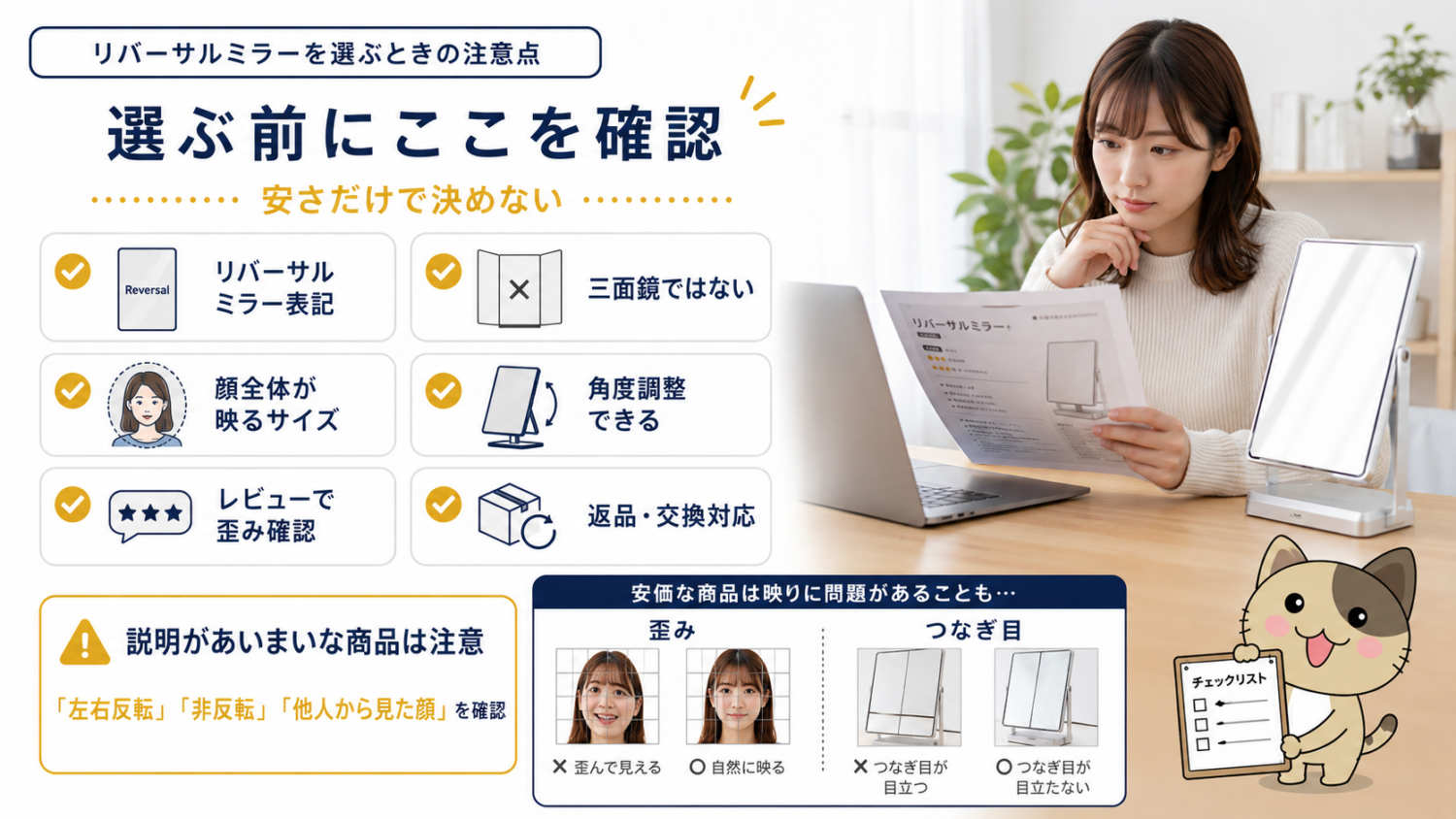 リバーサルミラーを選ぶ前に、表記・サイズ・角度調整・レビュー・返品対応などの確認ポイントを比較している画像