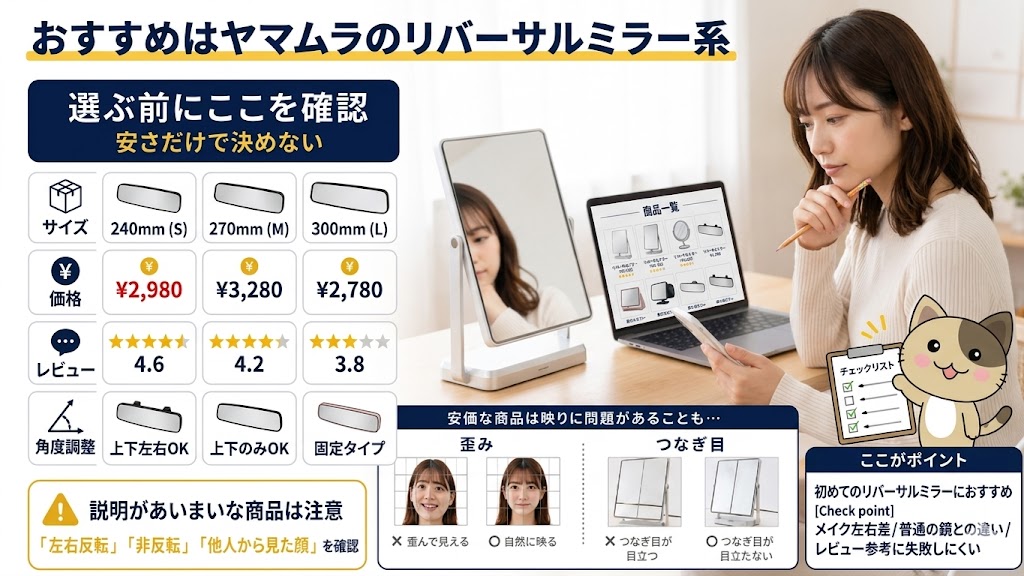 リバーサルミラーの選び方とおすすめの商品比較を紹介するインフォグラフィックです。