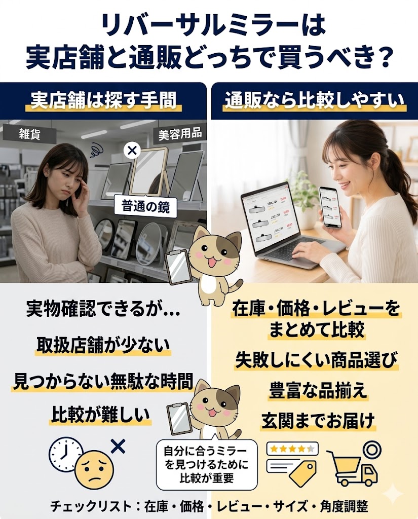 リバーサルミラーを実店舗と通販で購入する場合の違いを比較した画像