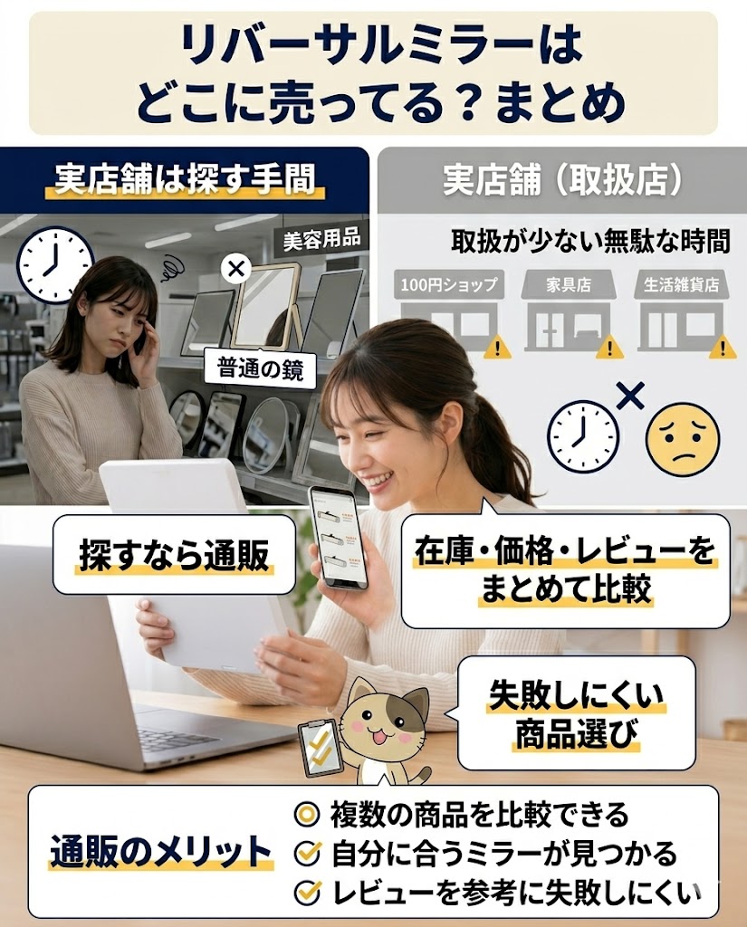 リバーサルミラーは実店舗より通販で探すのが現実的だと伝えるまとめ画像