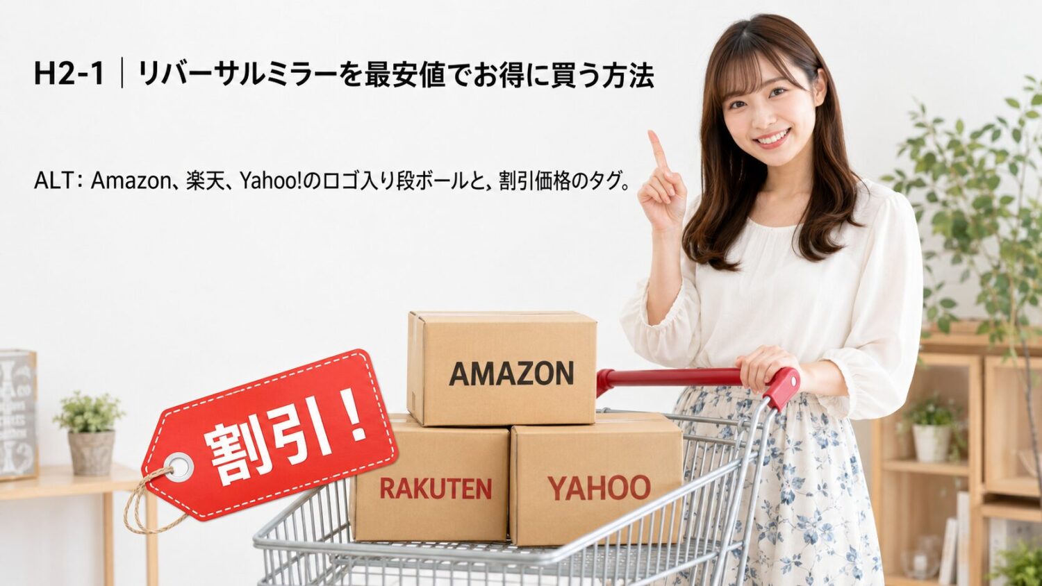 Amazon、楽天、Yahoo!のロゴ入り段ボールと、割引価格のタグ