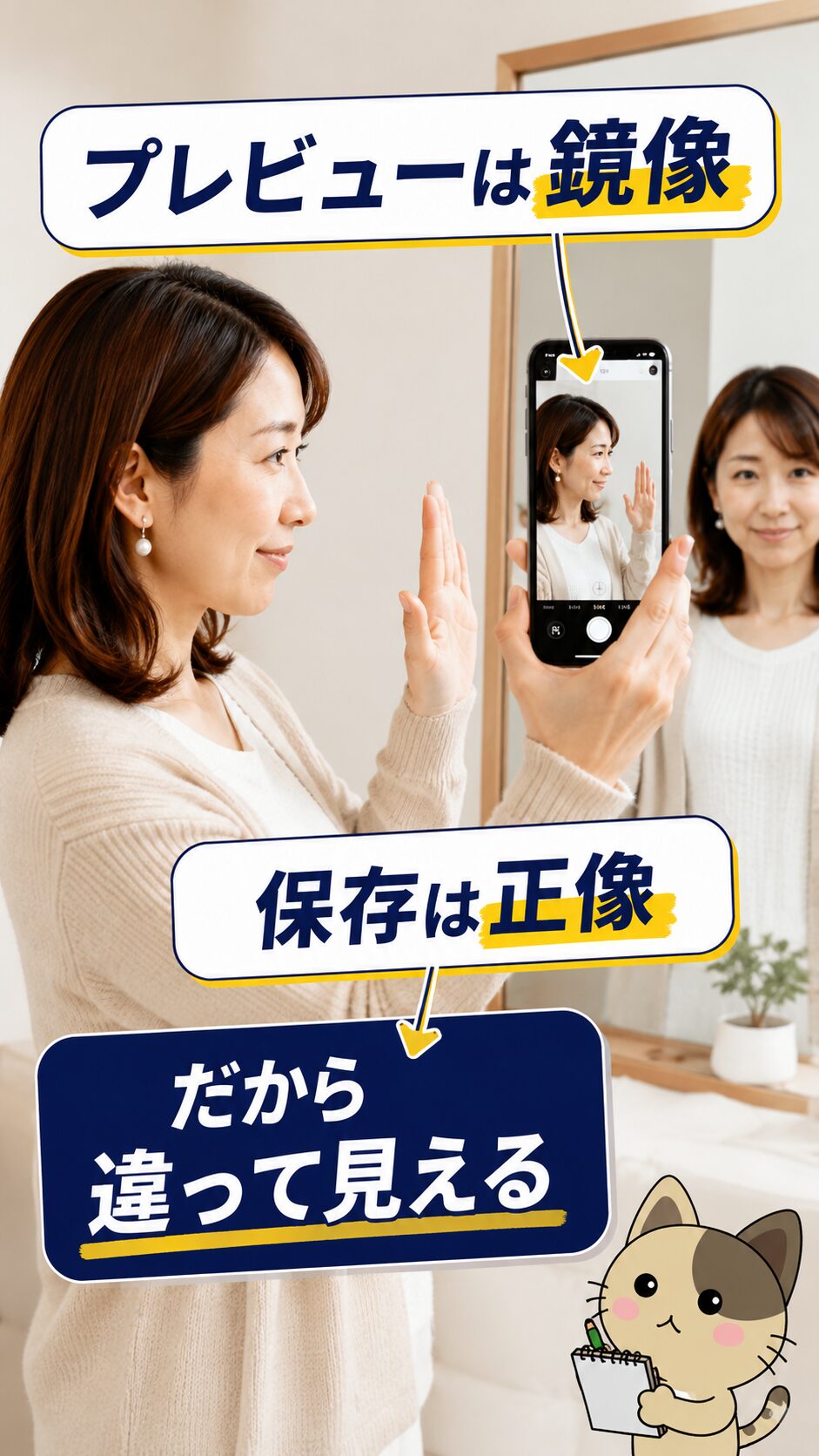 インカメラ反転の科学的理由を表現した縦長画像