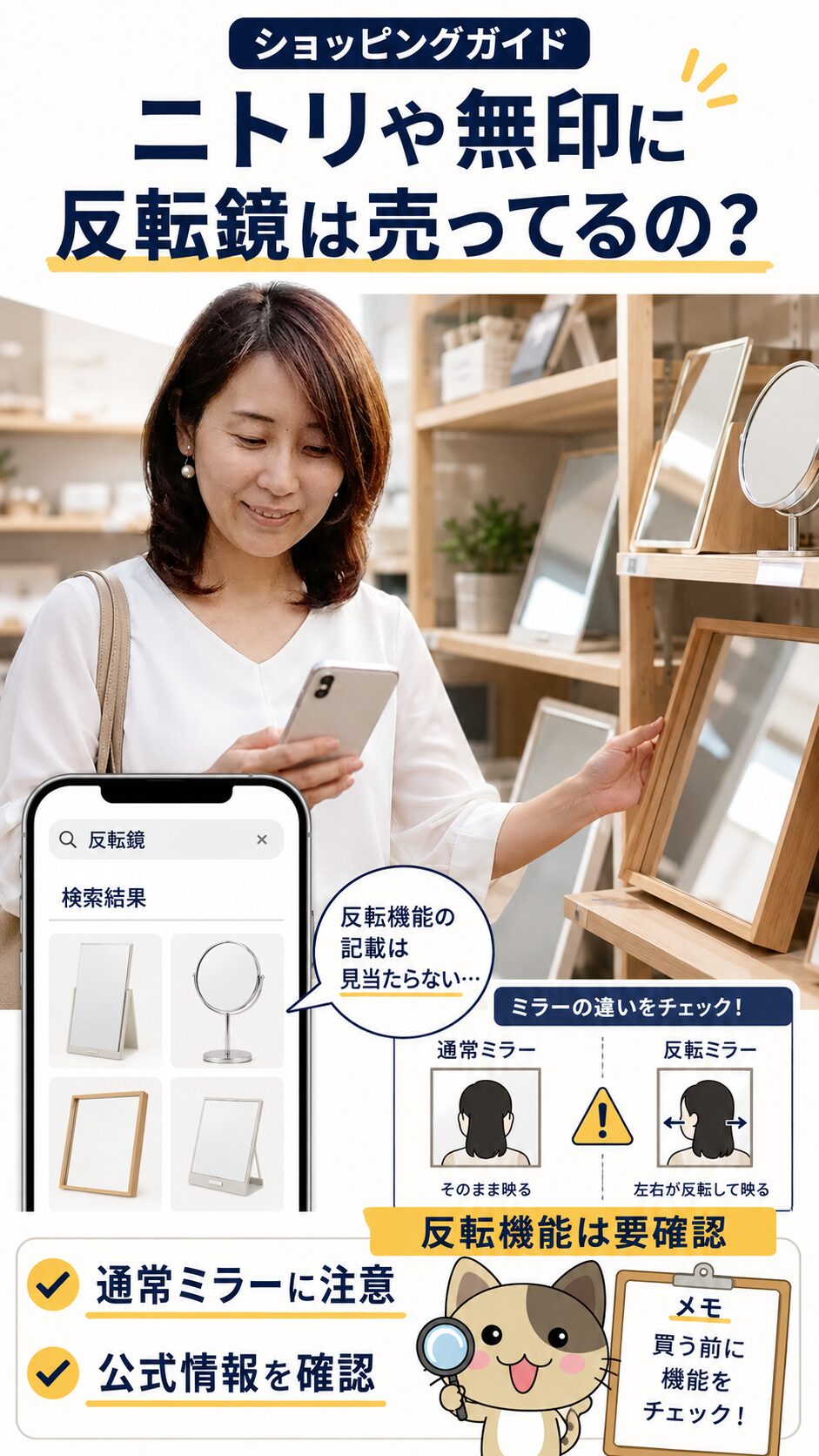 ニトリや無印で反転鏡の取り扱いを確認し、通常ミラーとの違いに注意する画像