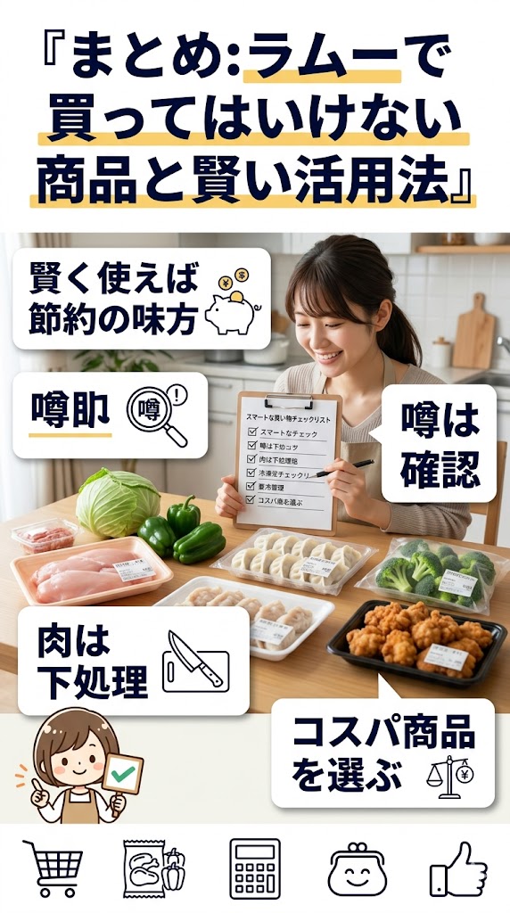 ラムーで買ってはいけない商品の噂を理解し、コスパ商品を賢く活用する方法をまとめた画像