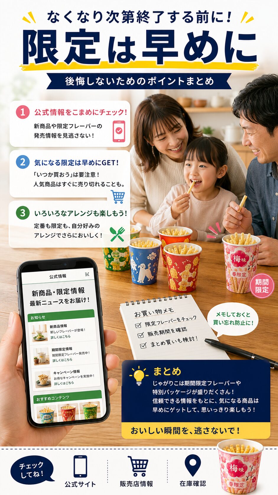 公式情報を確認しながら限定じゃがりこを早めに楽しむことを示す画像