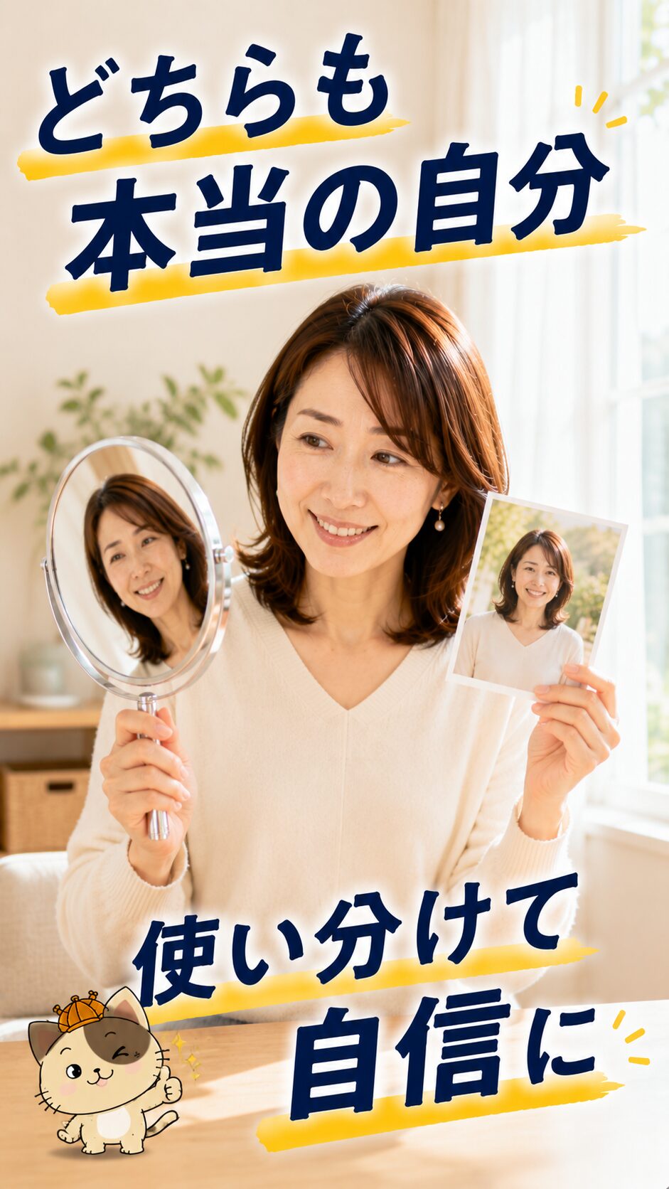 鏡と写真のどちらも本当の自分だと受け止めるイメージ