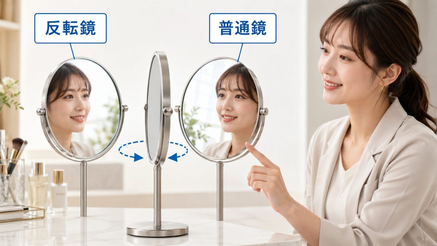 リバーサルミラーが回転し、表面(反転鏡)と裏面(普通鏡)を切り替える