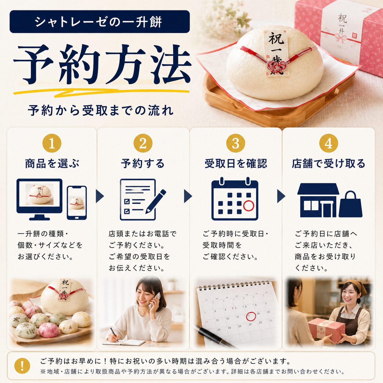 一升餅の予約から受取までを示す案内イメージ