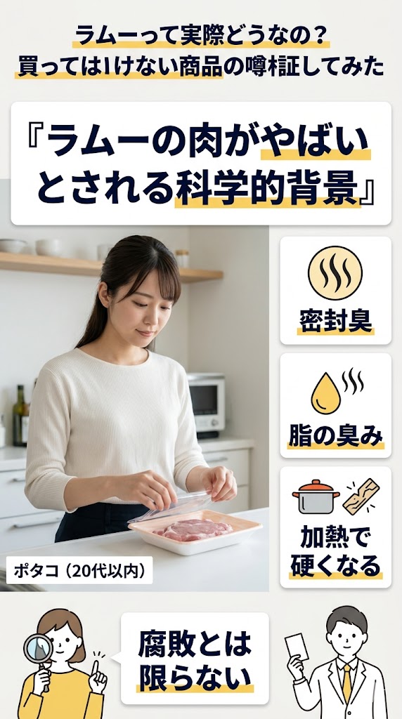 ラムーの肉がやばいとされる背景として輸入肉の臭みや硬さの原因を科学的に示す画像