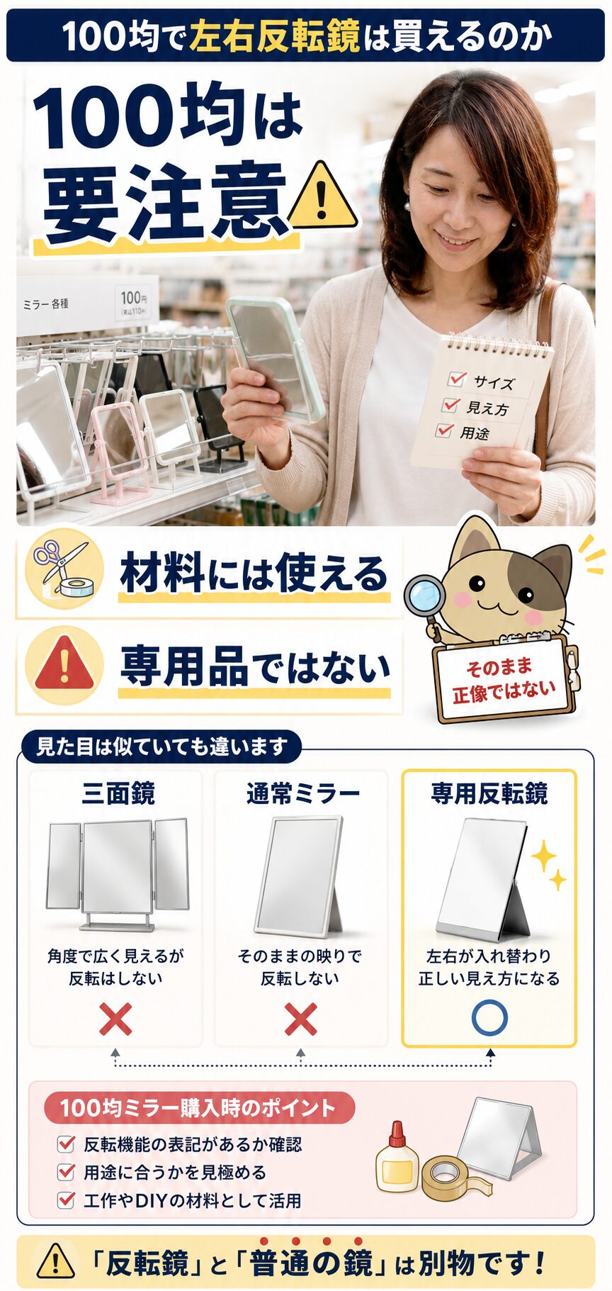 100均の鏡と専用の左右反転鏡を混同しないよう確認するこつぶつぶの画像