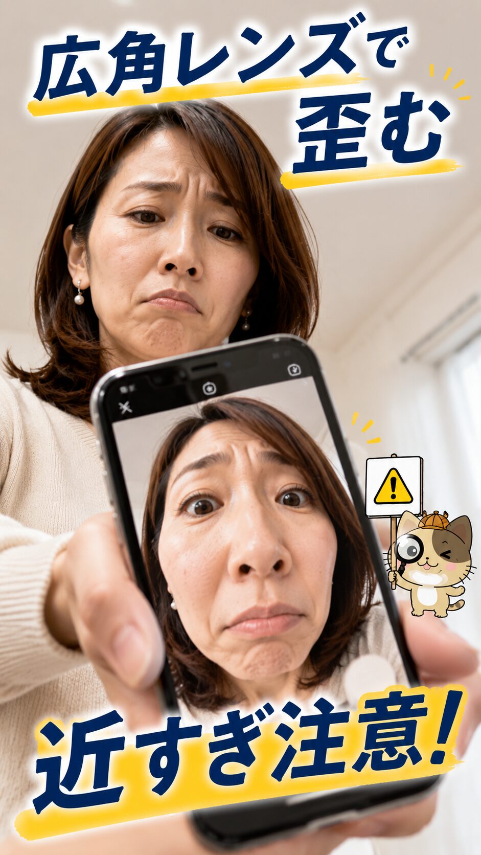 スマホ広角レンズの歪みを表現したイメージ H3-4｜写真と鏡の見え方の差に悩む場面