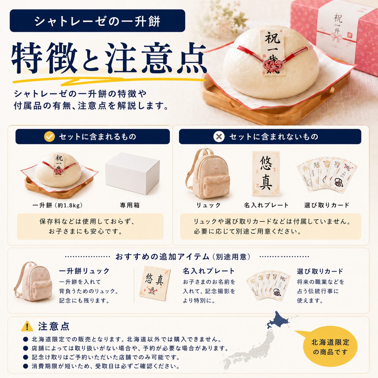 一升餅の特徴と付属品の有無を比較する図