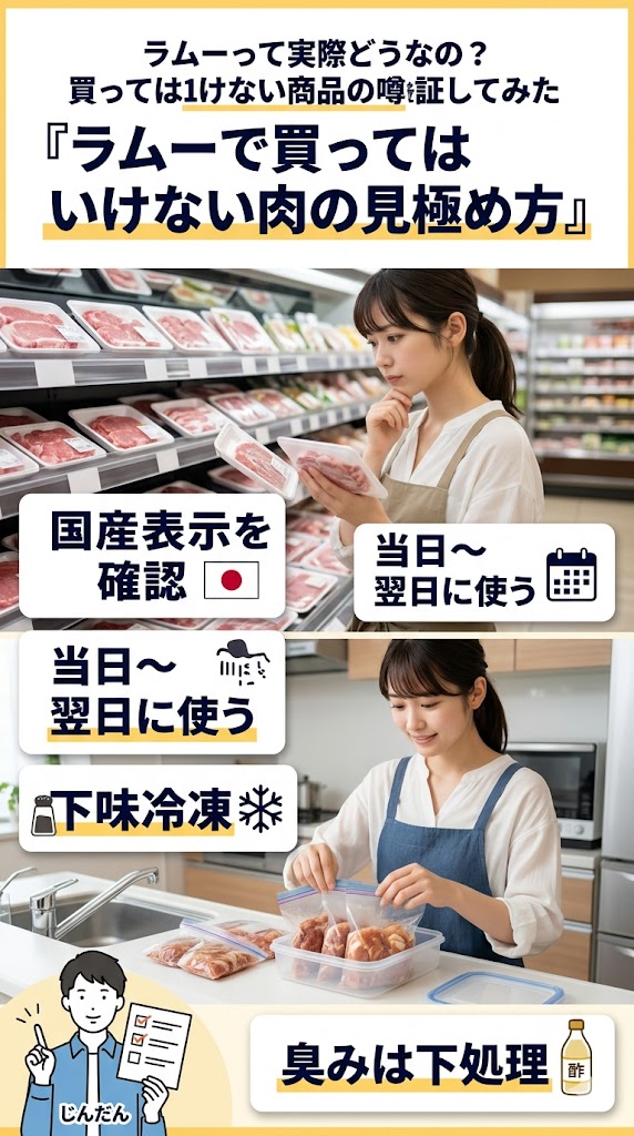 ラムーで肉を選ぶ際の国産表示や使い切り、下味冷凍などの見極め方をまとめた画像