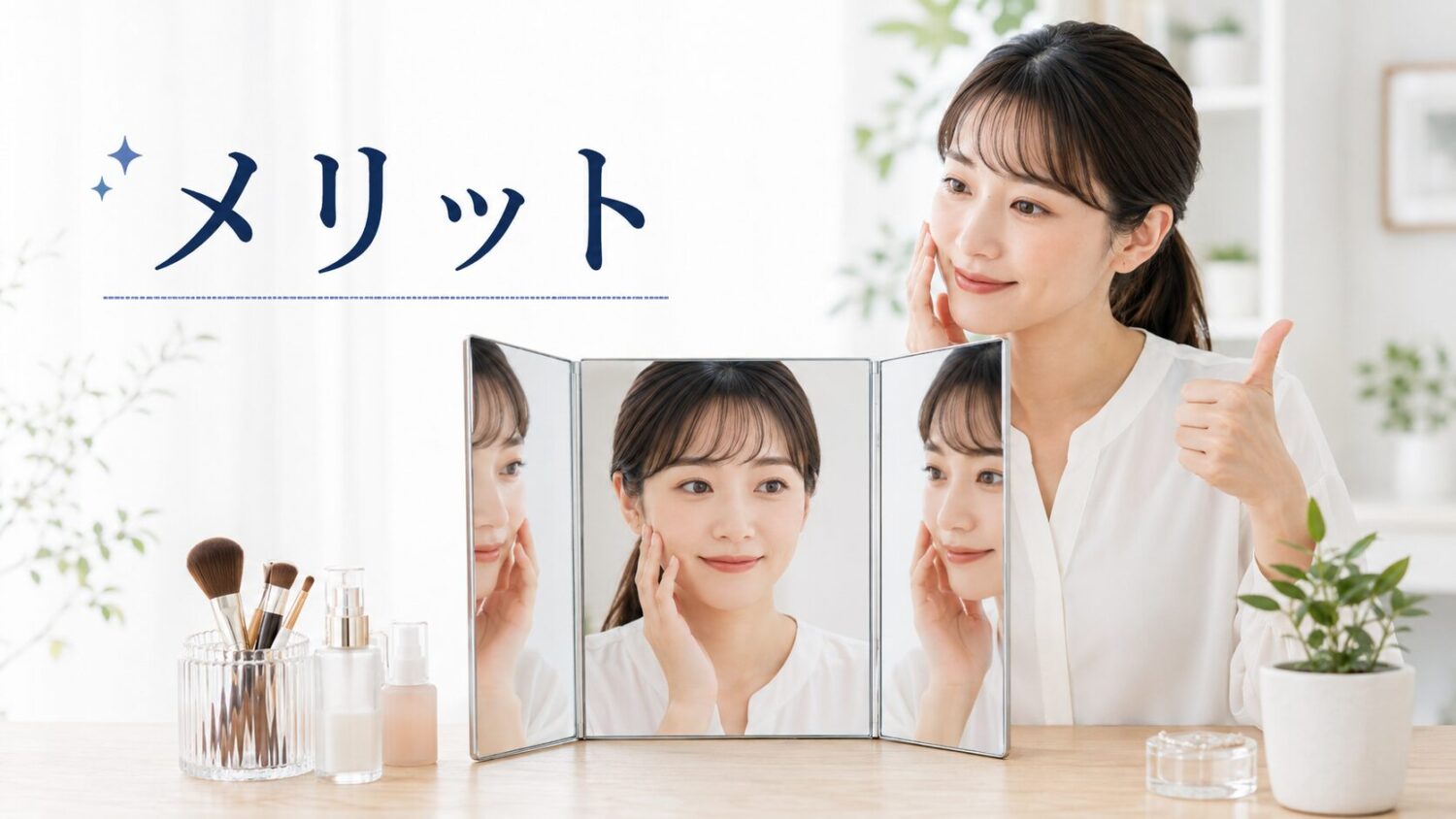 メリット左右対称の完璧なメイクを確認し、満足する女性。明るいトーン。