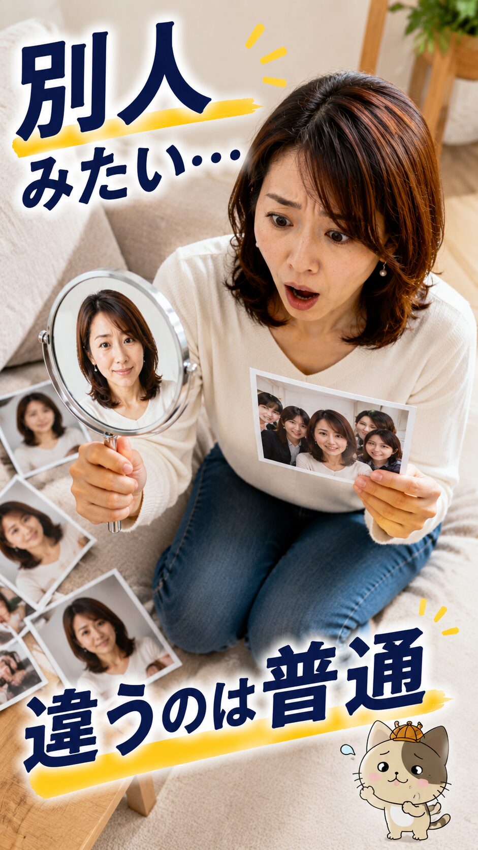 写真と鏡の見え方の差に悩む場面