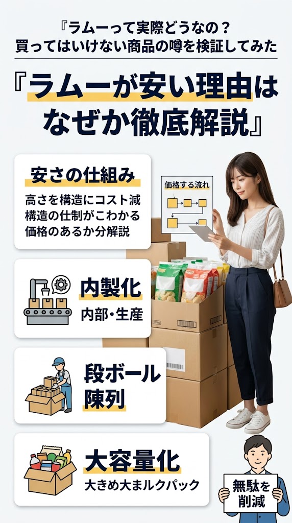 ラムーが安い理由として内製化や段ボール陳列、大容量化などのコスト削減の仕組みを解説する画像