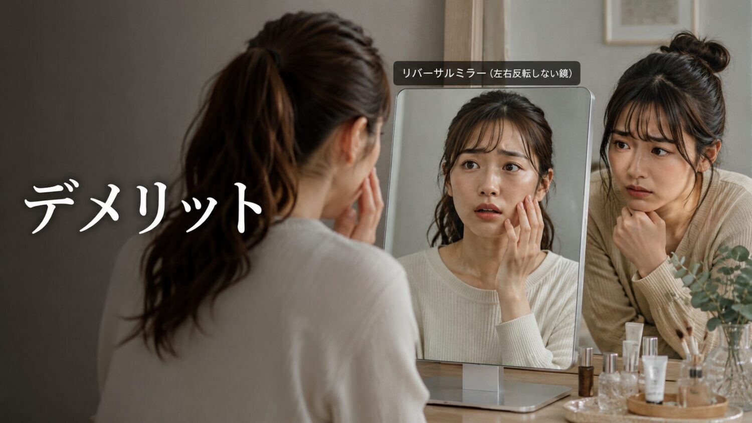 デメリット鏡を見て自分の顔の歪みにショックを受ける女性。少し暗いトーン。