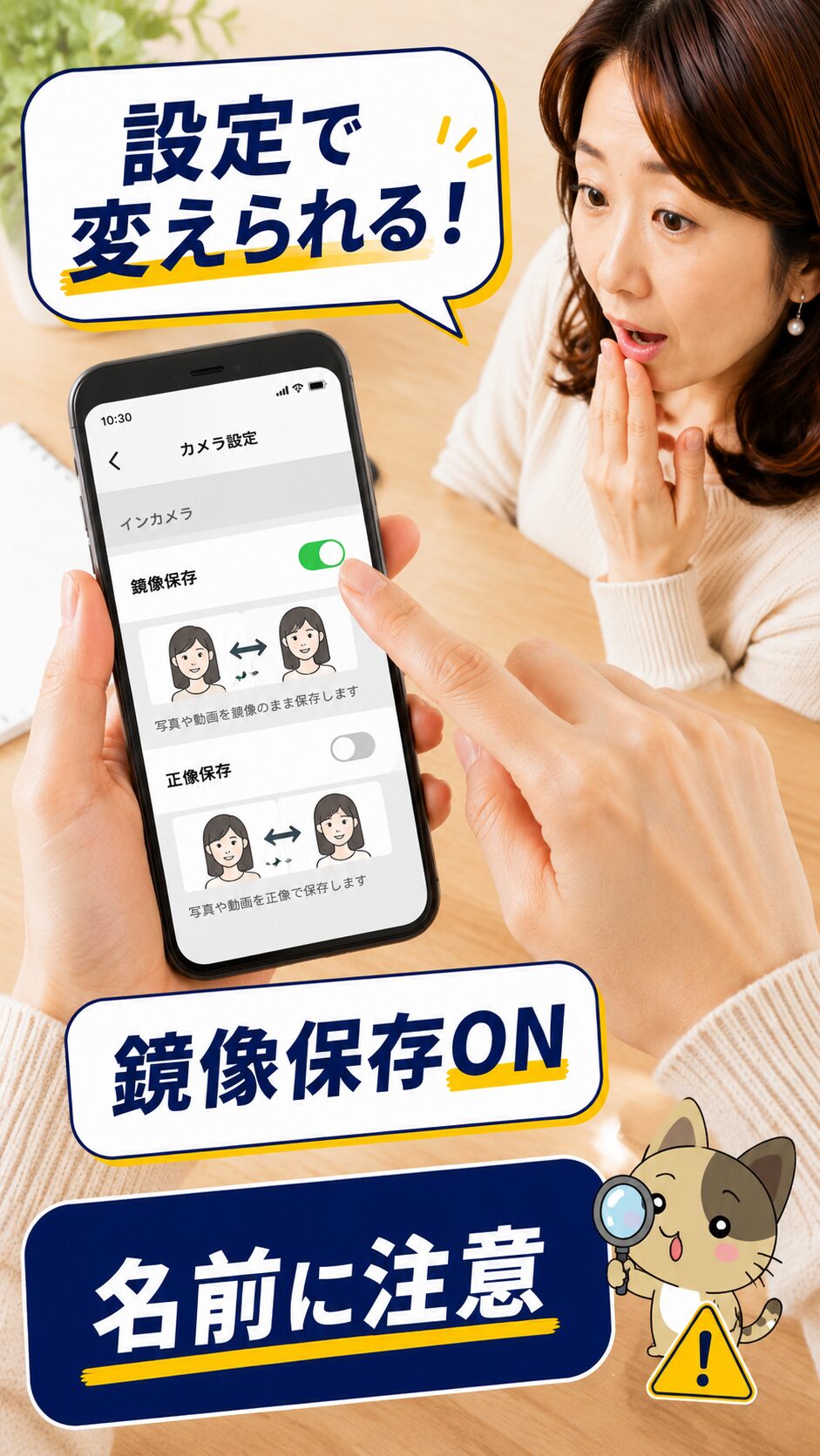 反転保存設定の注意点を伝える縦長画像