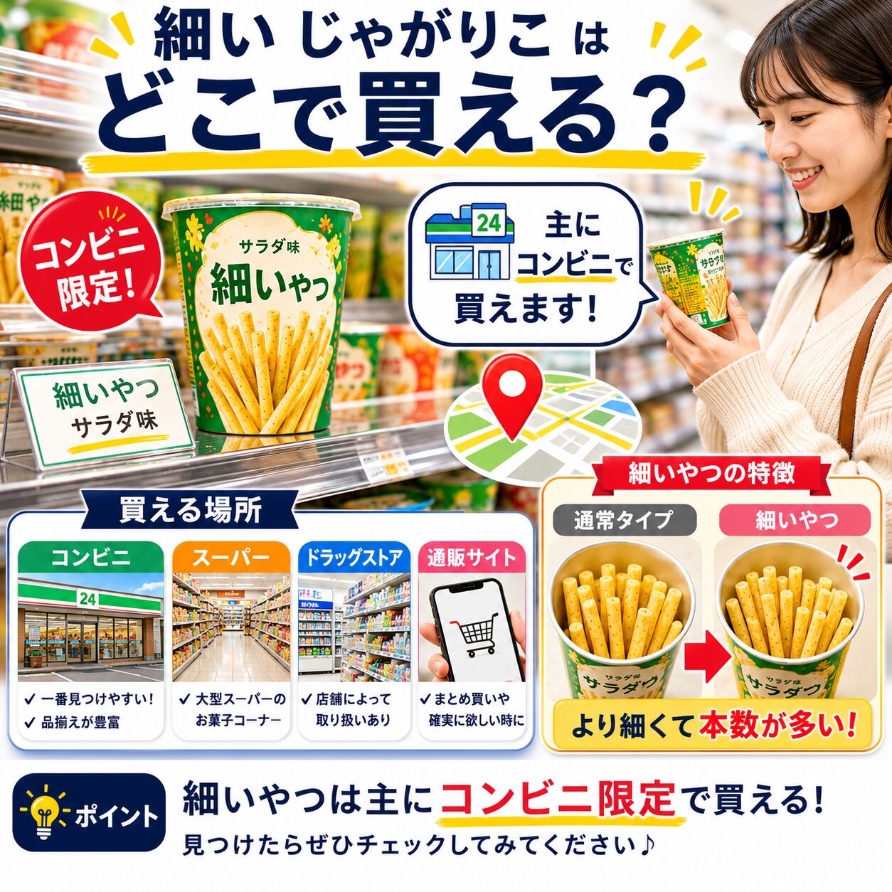 細いじゃがりこが主にコンビニで買えることを示す画像