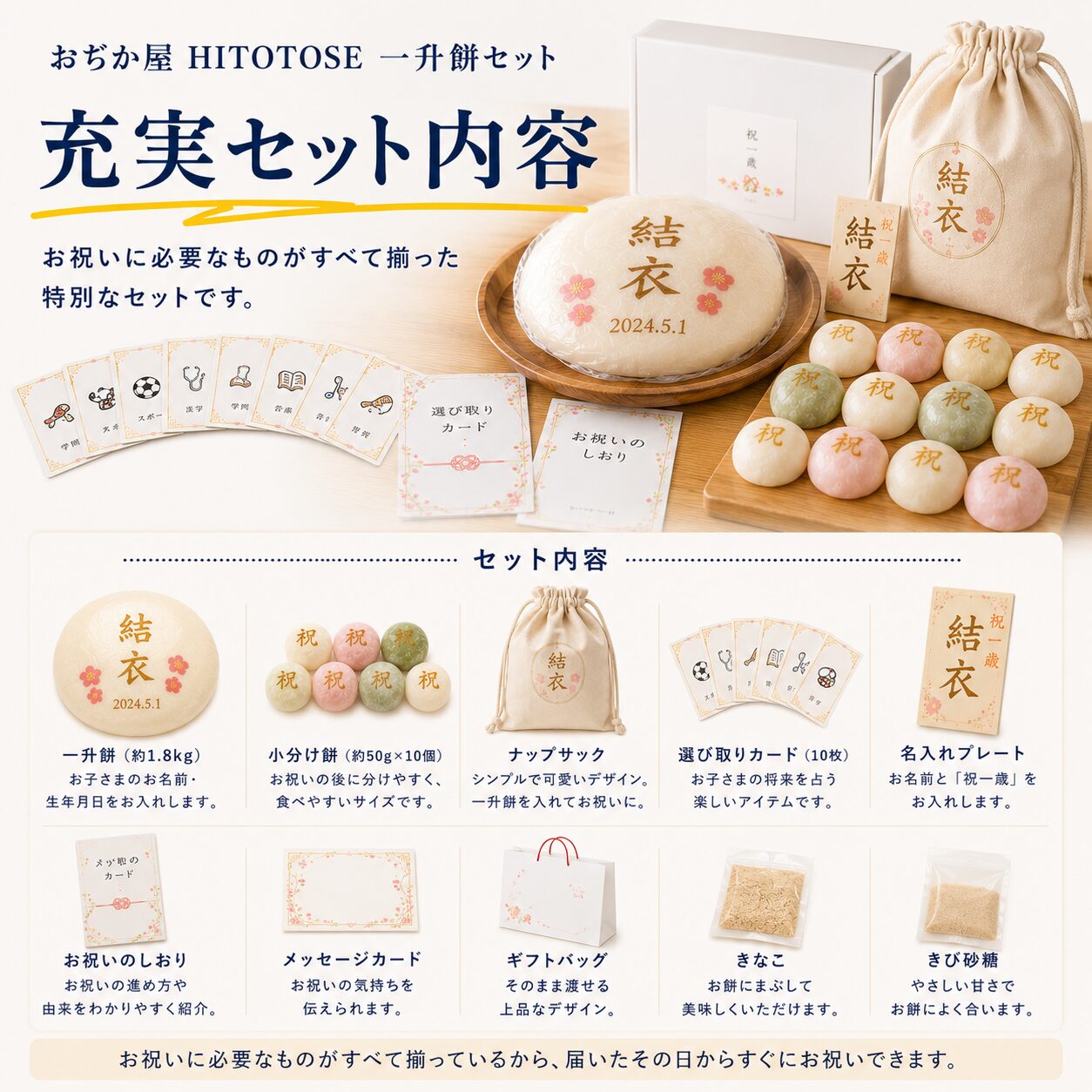 一升餅セットの内容物をわかりやすく紹介する画像
