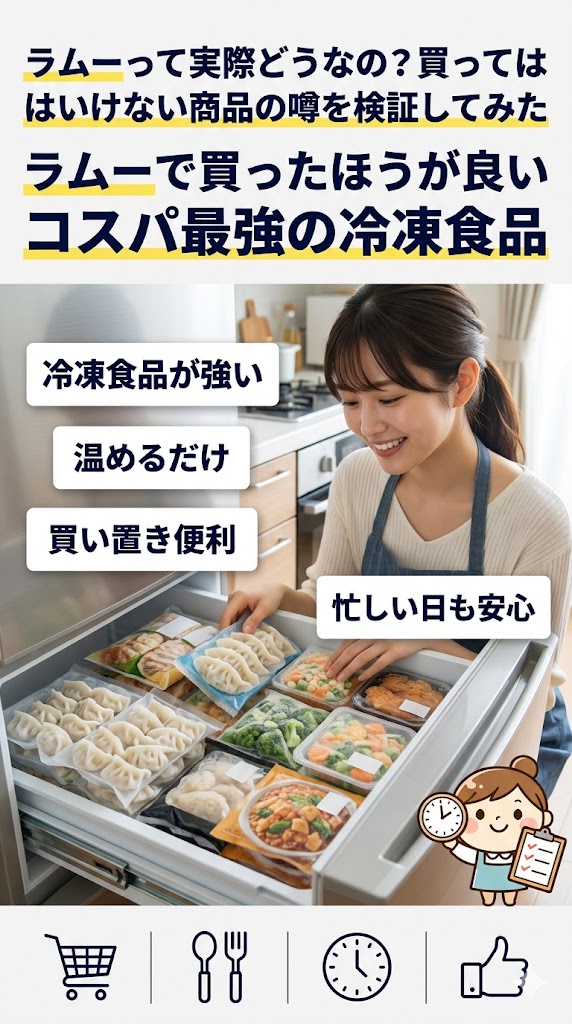 ラムーで買ったほうが良い冷凍食品のコスパや買い置きの便利さを伝える画像