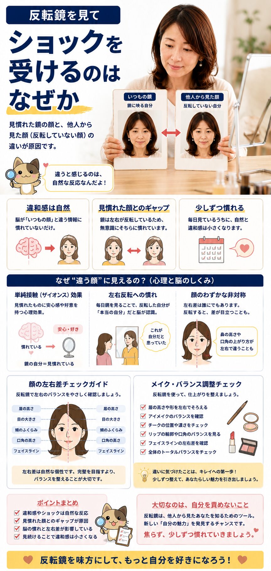 反転鏡で見える顔にショックを受ける理由を、見慣れた顔との違いで説明する画像