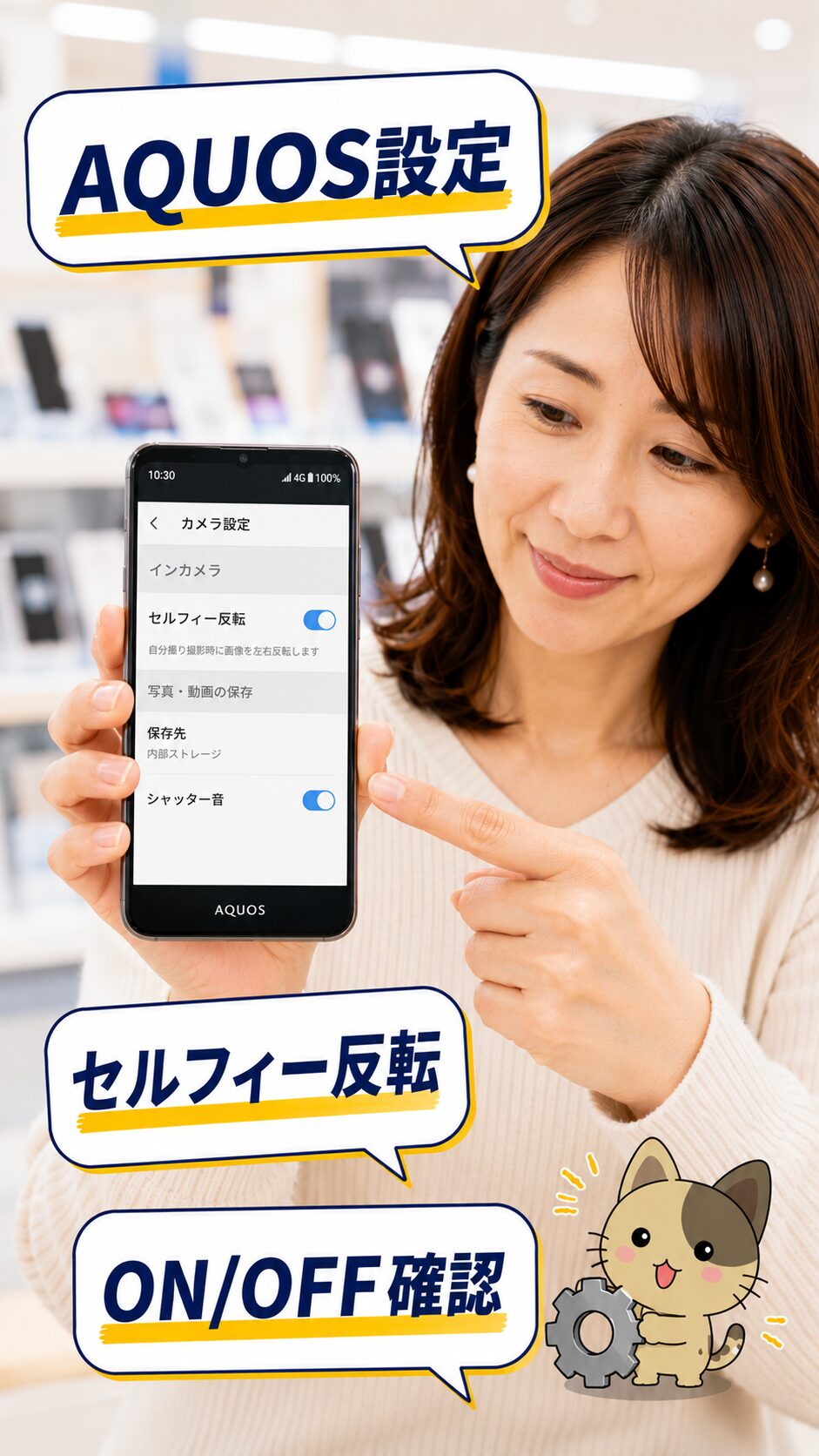 AQUOSでの自撮り反転設定方法を説明する画像