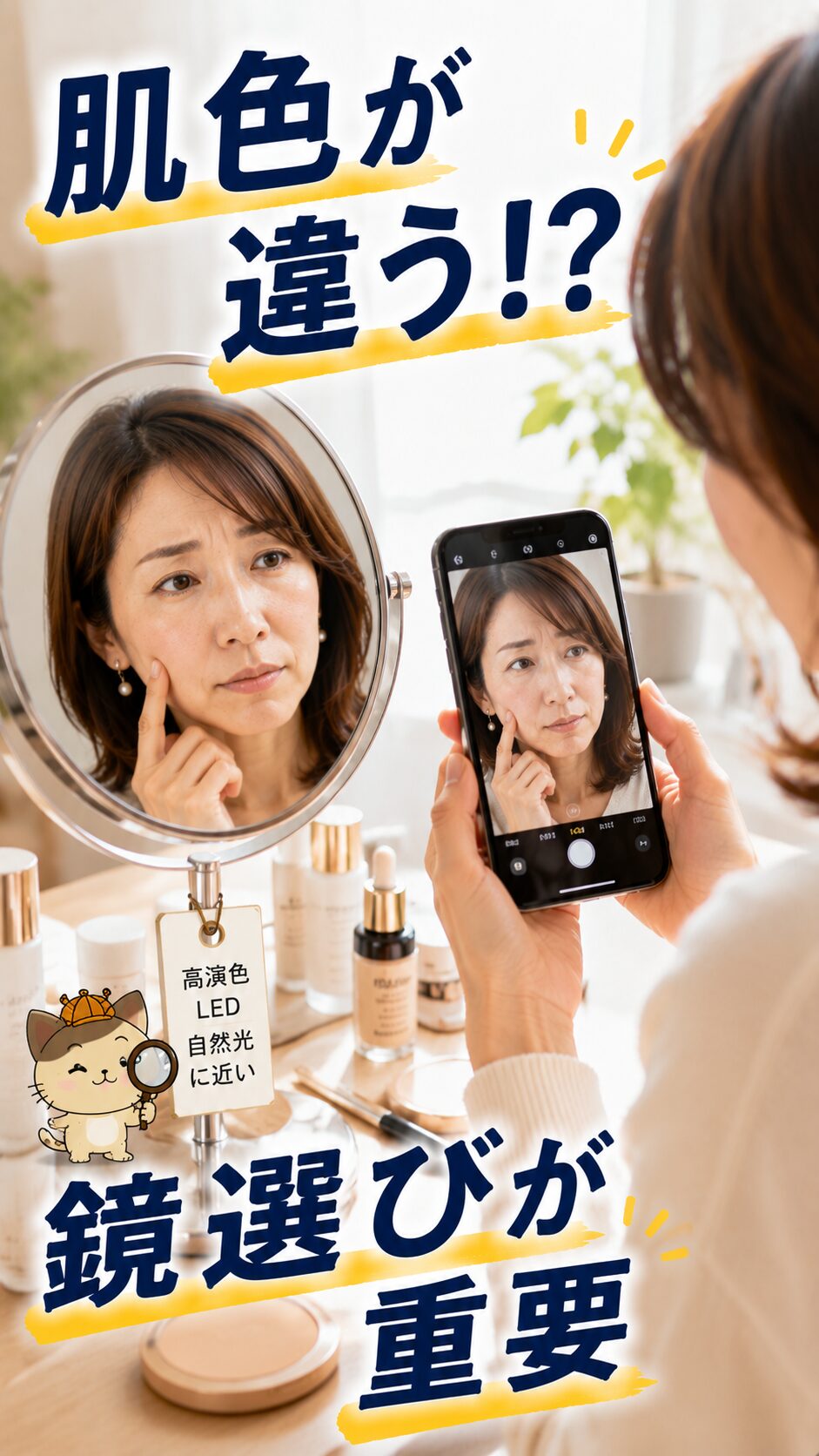 自然な肌色を確認する鏡選びのイメージ