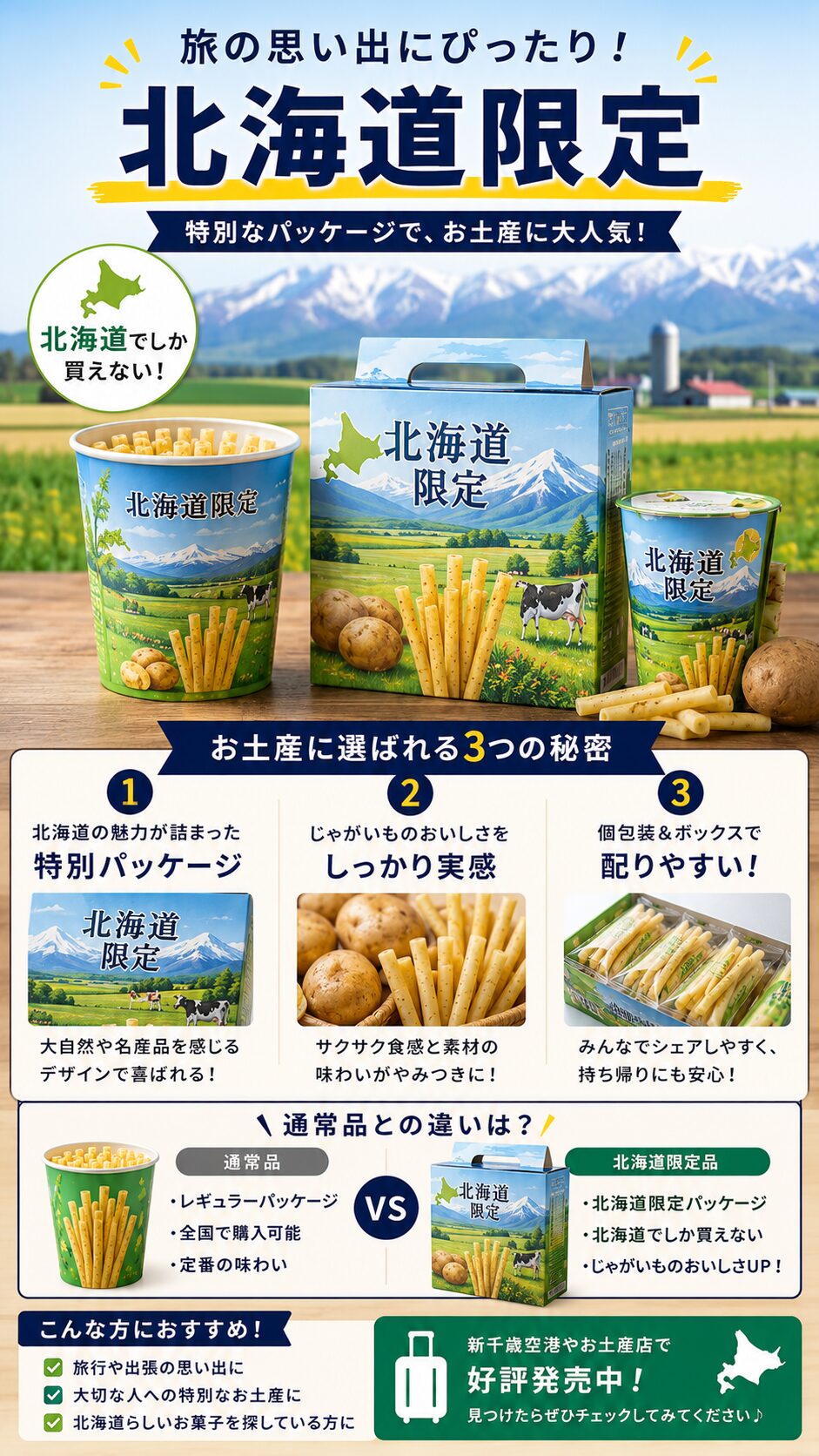 北海道限定パッケージとお土産用じゃがりこの違いを表す画像