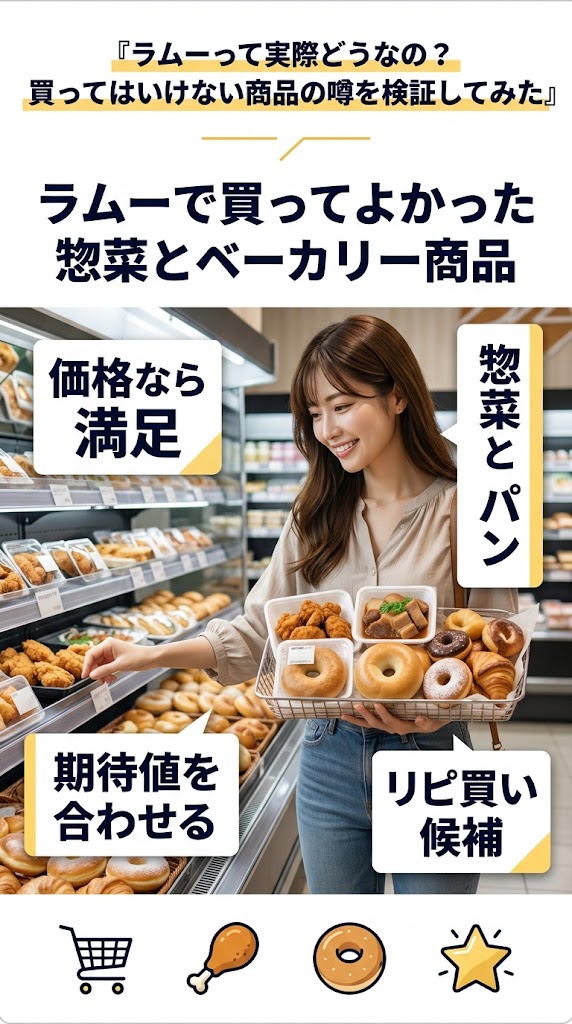 ラムーで買ってよかった惣菜とベーカリー商品の魅力や期待値の合わせ方を示す画像