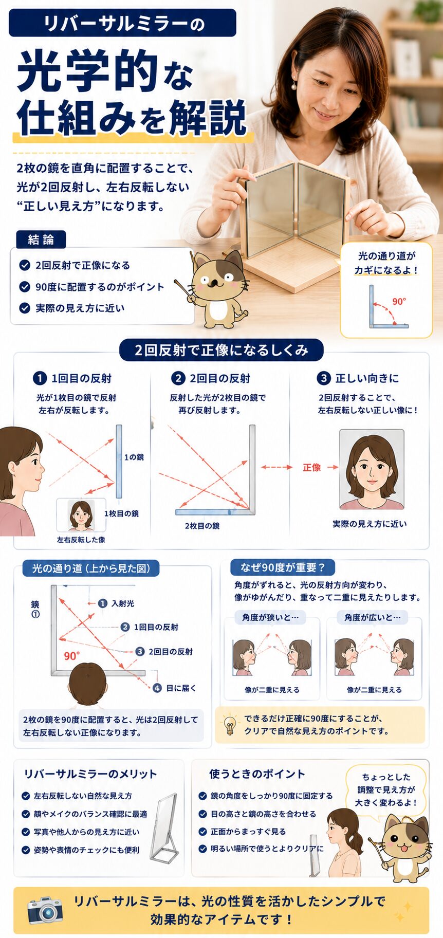 リバーサルミラーが2回反射で正像を映す仕組みを図解する画像