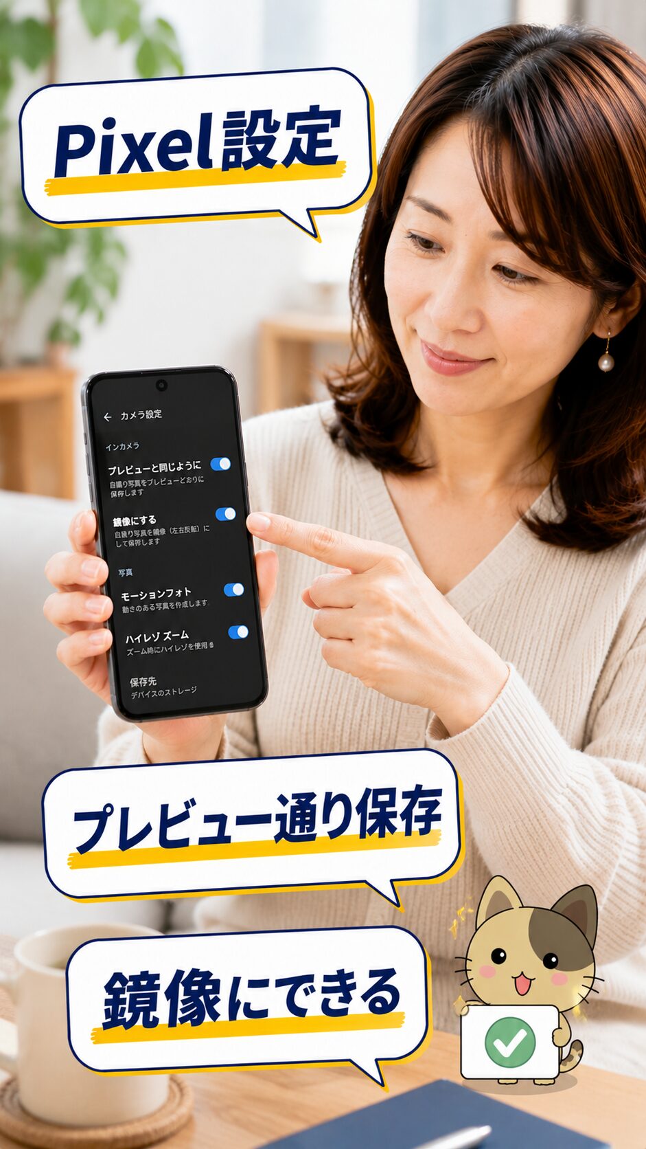 Pixelで鏡像保存設定を行う方法を説明する画像