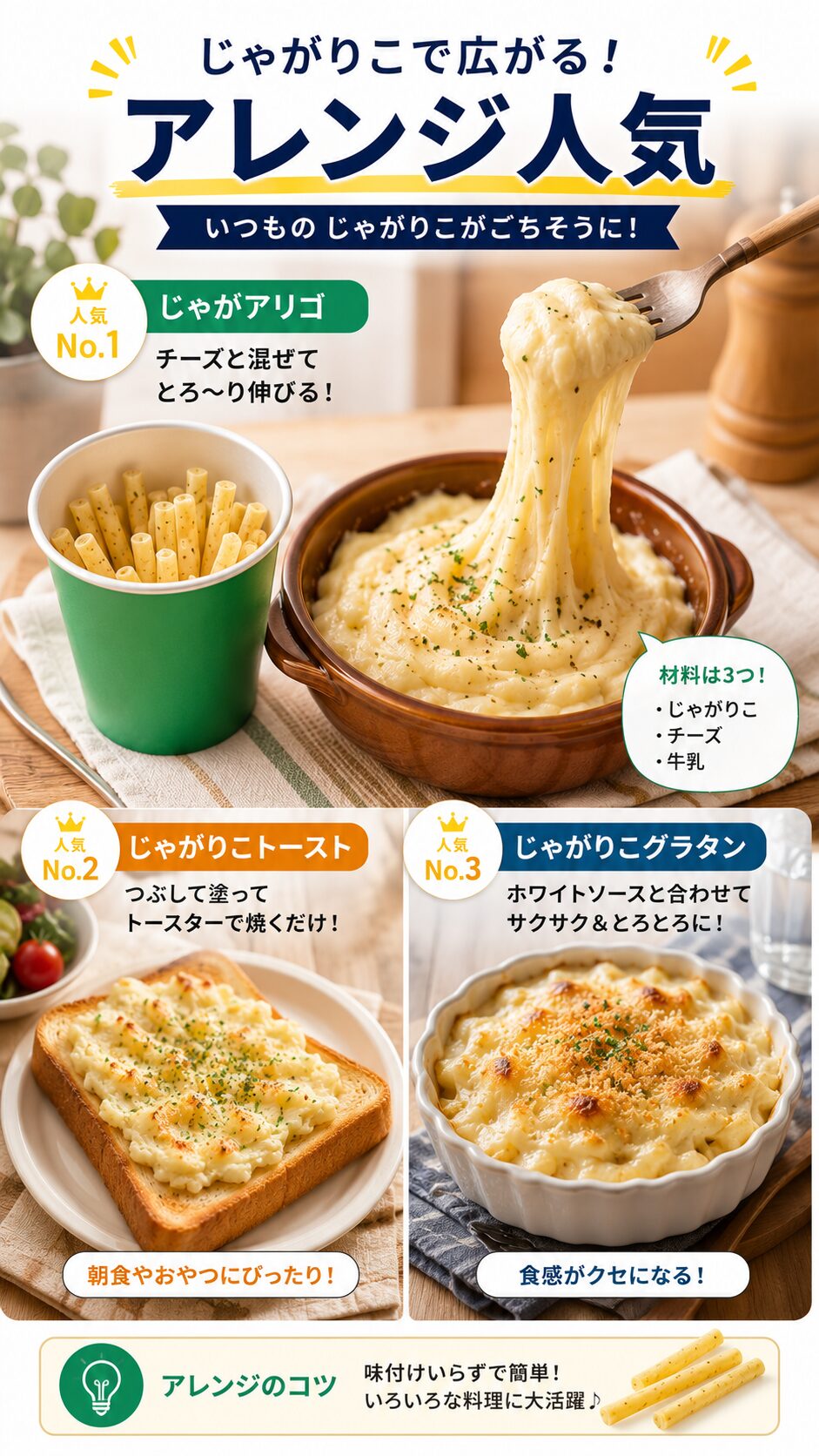 じゃがアリゴなどの人気アレンジレシピを表す画像