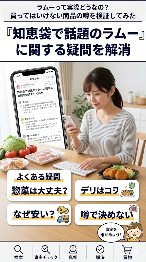 知恵袋で話題のラムーに関する惣菜や肉、安さ、宗教の疑問をQ&A形式で整理する画像