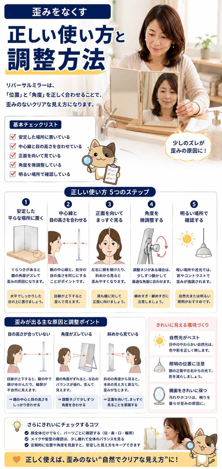 リバーサルミラーの歪みを減らすために位置や角度を調整する使い方の画像