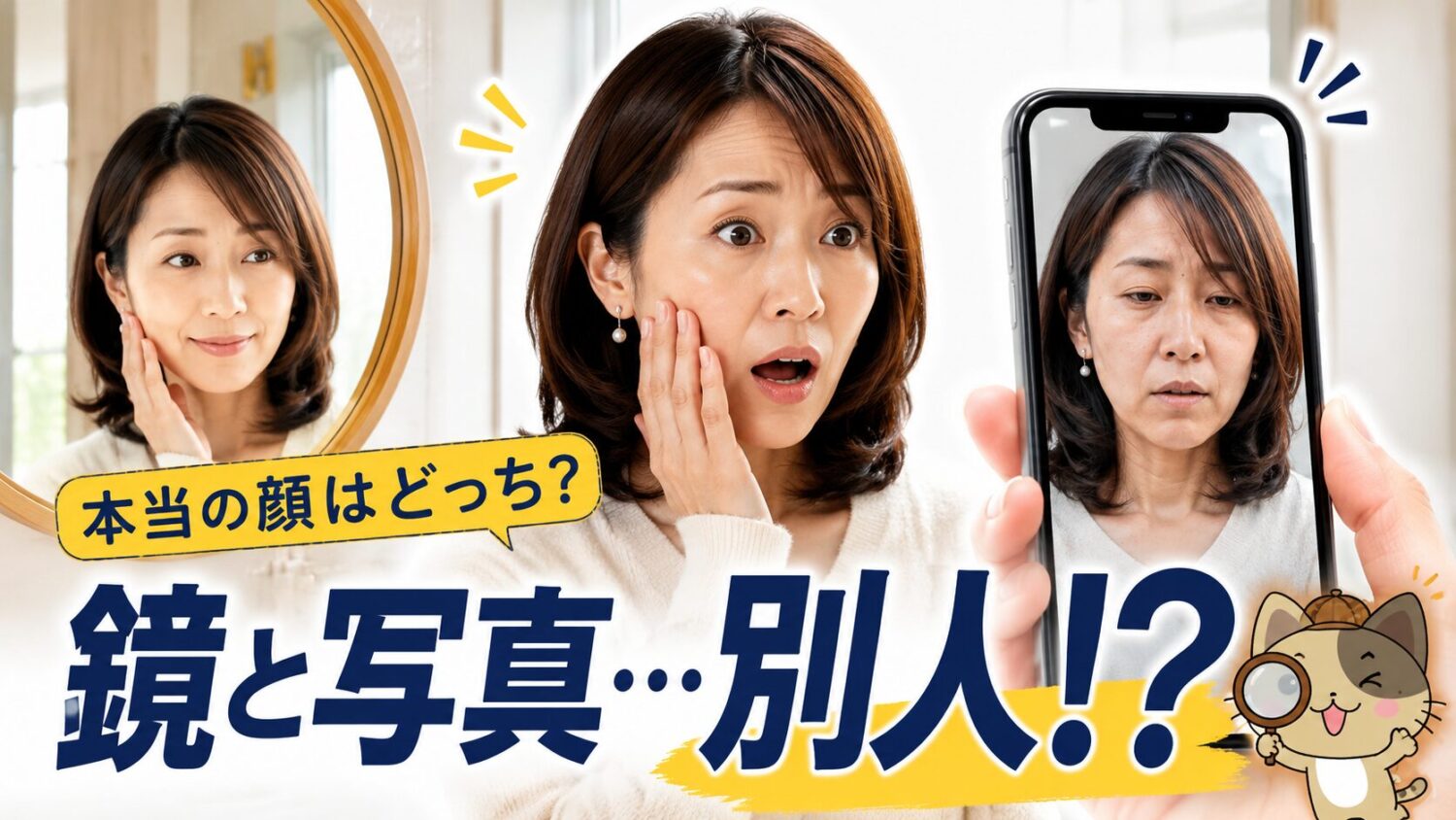 鏡と写真どちらが本当の顔なのか悩むイメージ