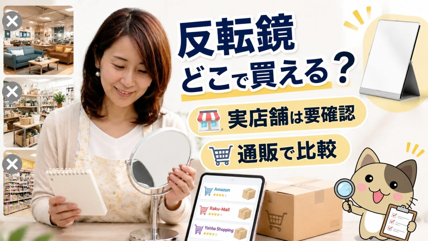 こつぶつぶが左右反転鏡を通販比較しながら、実店舗での取り扱い確認を促す買い物ガイド画像
