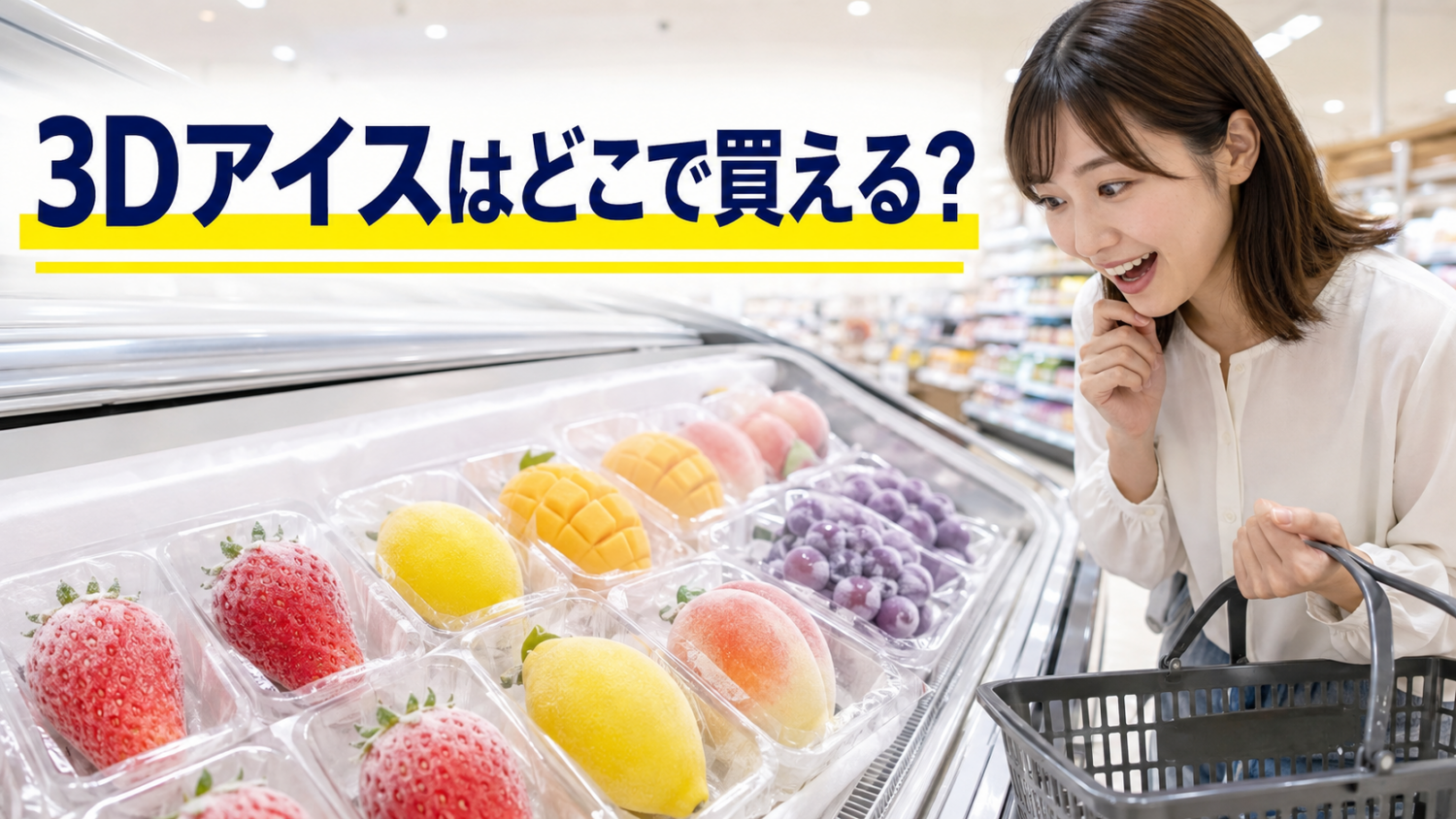 スーパーの冷凍ケースに並ぶイチゴやレモン、マンゴーなど果物そっくりの3Dアイスを見る買い物客