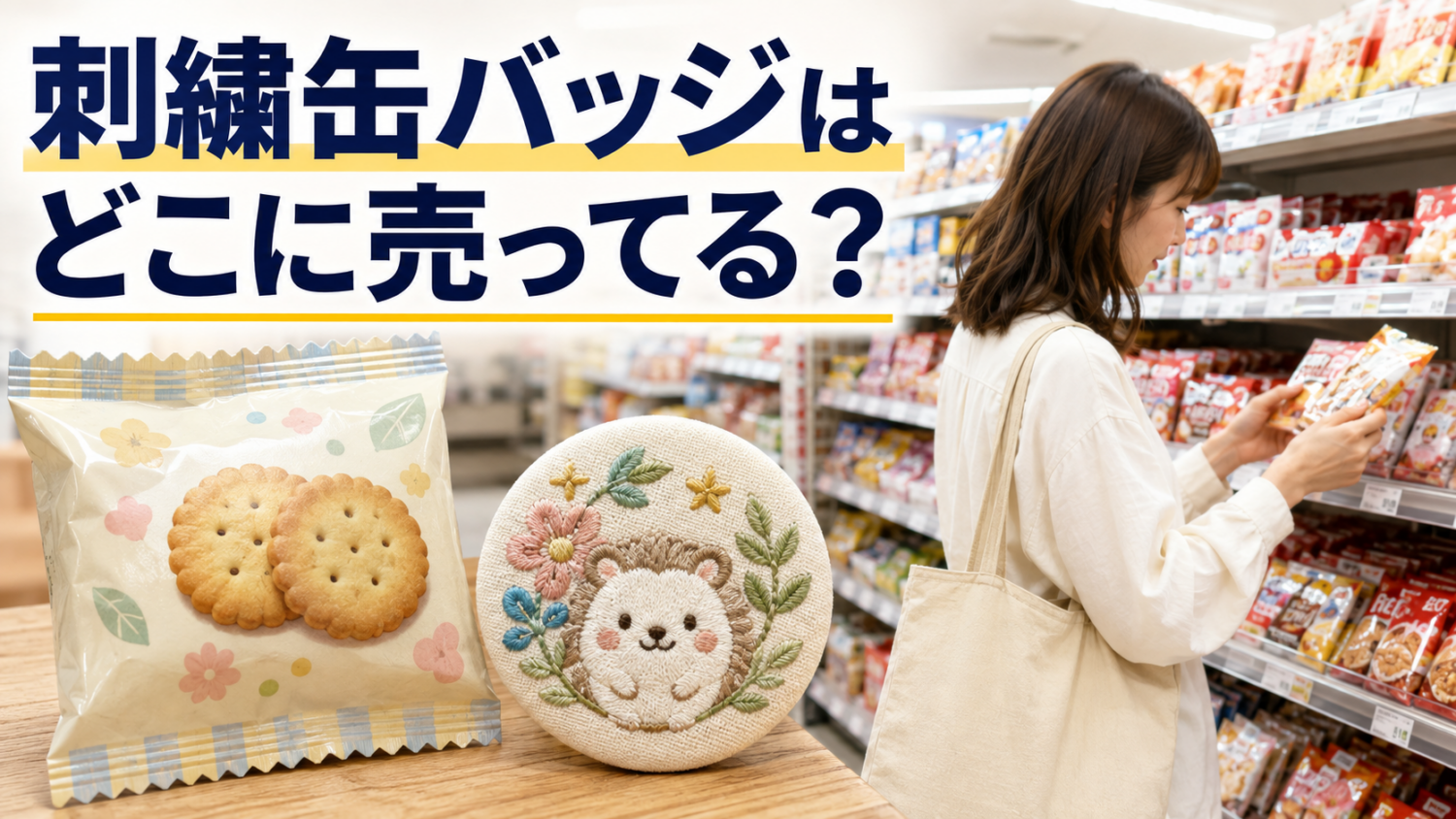 スーパーの菓子売場で刺繍風の丸い缶バッジ付き食玩を探す買い物客