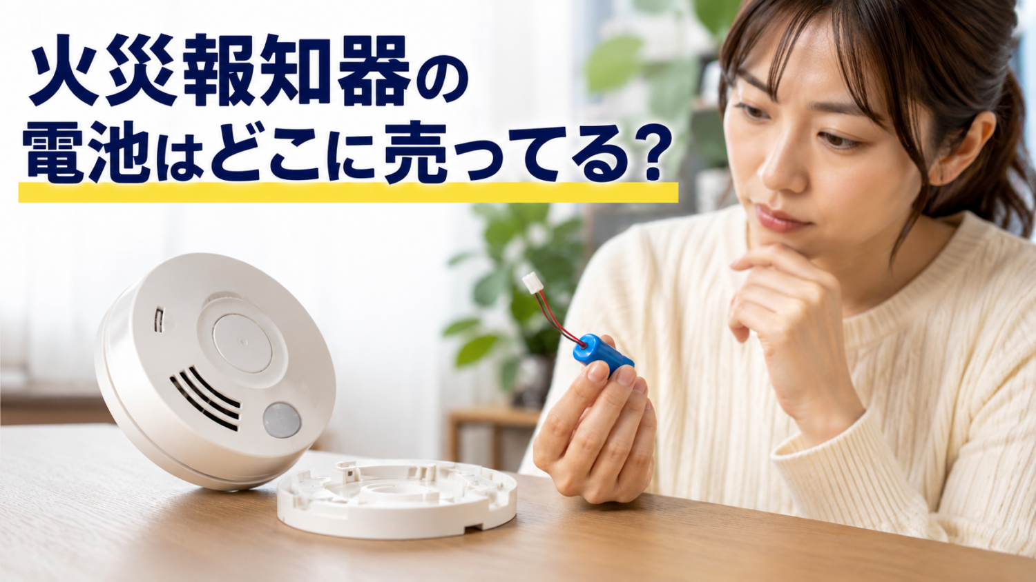 住宅用火災報知器とコネクタ付き交換用電池を確認する人物と「火災報知器の電池はどこに売ってる？」の大きな見出し